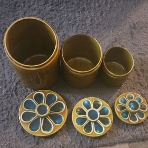 Vtg Brown and Blue Ceramic Canister Set